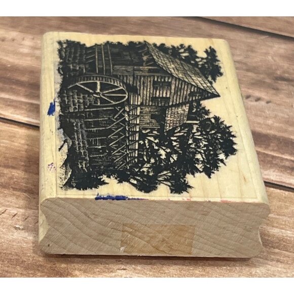 VINTAGE Stampscapes Water Mill 142E Scene Rubber Stamp ON Woodblock - Picture 5 of 5